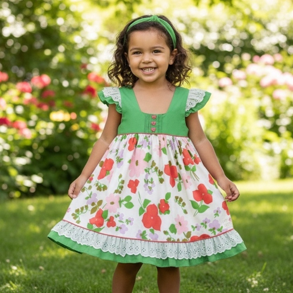 Rosa Flamengo Girl’s Floral Dress W/Eyelet Sleeves/Hem Handmade NWT